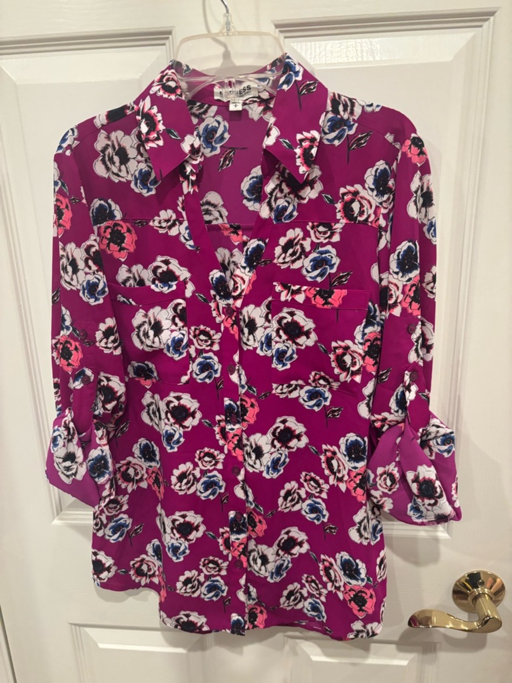 Express Magenta Floral Button-Up Blouse